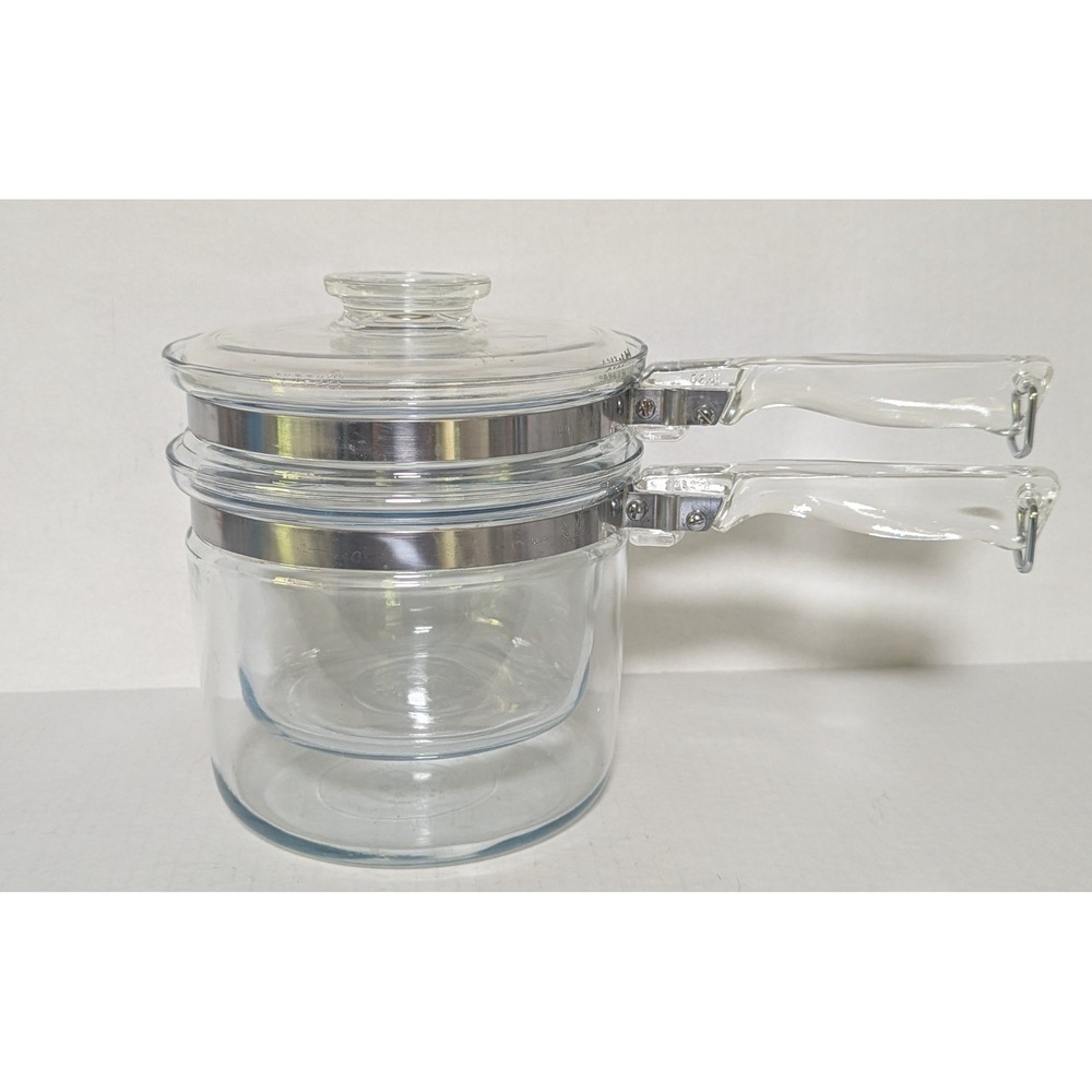 Vintage PYREX Flameware Range Top Clear Glass Double Boiler Three-Piece Set